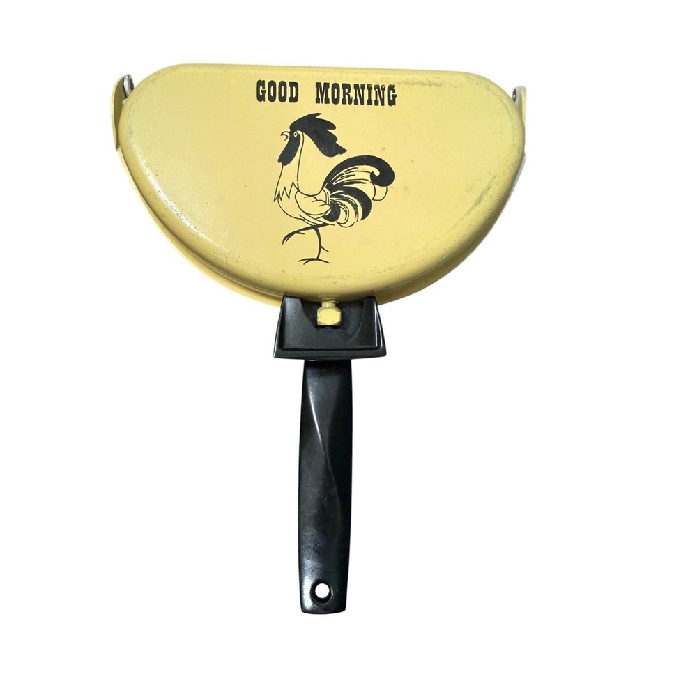 Vintage Good Morning Rooster Folding Omelet Pan Yellow Retro Hinged Skillet